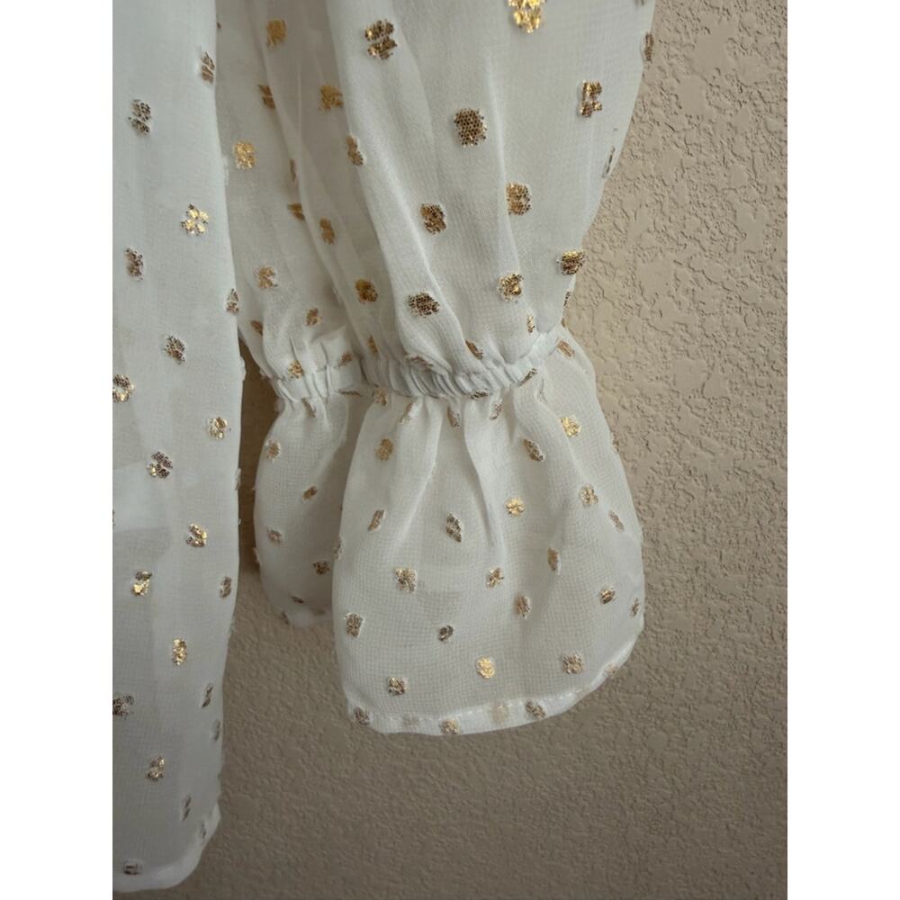 Lane Bryant Metallic Swiss Dot Peasant Blouse 14/16 White Gold Sheer Boho Top - Picture 6 of 10